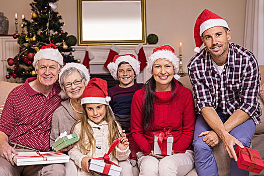 几代人,穿,圣诞帽,沙发