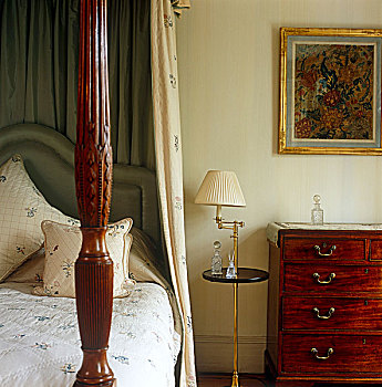 卧室,红木,暖色调,墙壁,后面,涂绘,老式,结束
