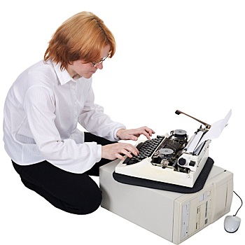 女孩,打印,打字机