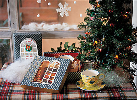 特写,圣诞树,礼物,桌子