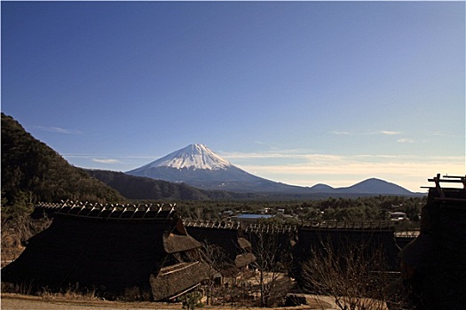日本,茅草屋顶,房子,山,富士山