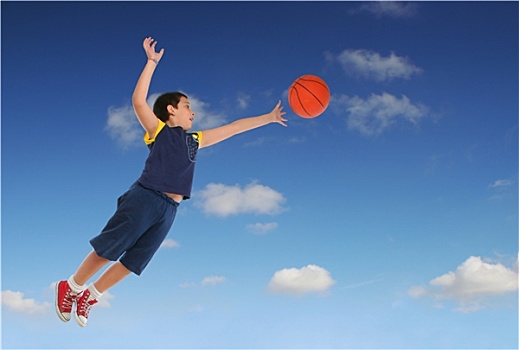 男孩,玩,篮球,飞,跳跃