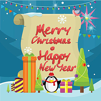 寒假,象征,矢量,概念,设计,圣诞树,玩具,礼盒,蜡烛,花环,企鹅,圣诞帽,红腹灰雀,圣诞快乐,新年快乐,文字,老,纸,冬天