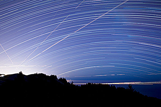 光影,飞机,船,星迹,夜晚,塔马尔帕斯山国家公园,加利福尼亚