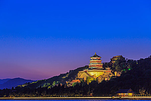 中国北京皇家园林博物馆中国名园5a风景区古代建筑人文颐和园清漪园万寿山佛香阁灯光夜景thesummerpalace