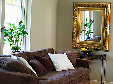 褐色,软垫,沙发,镜子,黄金,角,客厅