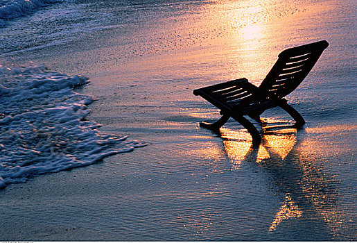 椅子,海滩,日落