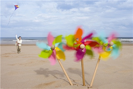 纸风车,海滩,女孩,5-7岁,飞,风筝,背景,动感