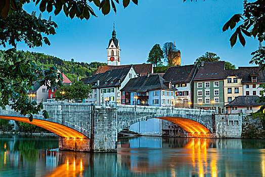 晚间,桥,莱茵河,连接,瑞士,德国