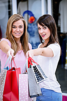 头像,两个,美女,女人,购物,商场,拿着,购物袋