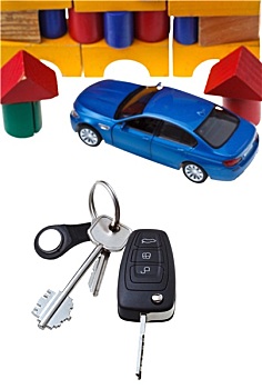 门,交通工具,钥匙,蓝色,汽车,模型,积木,房子
