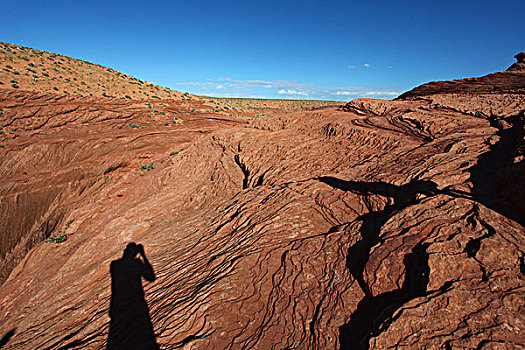 拍照,影子,红砂岩,岩石,纹理,羚羊峡谷,亚利桑那州,北美洲,美国,风景,阳光,日出,蓝天,全景,文化,景点,旅游