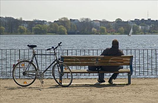 骑自行车,休息,长椅,汉堡市,德国