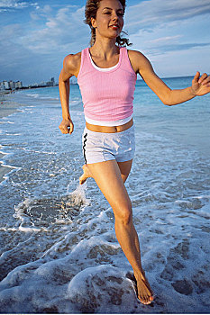 女人,慢跑,海滩