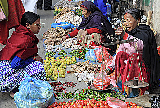 尼泊尔,加德满都,亚山,菜市场,女人
