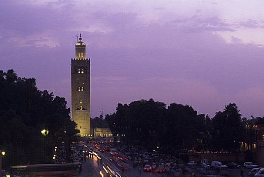 摩洛哥,玛拉喀什,城市广场,广场,库图比亚清真寺,清真寺,夜晚,照片