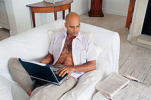 男人,学习,笔记本电脑,沙发
