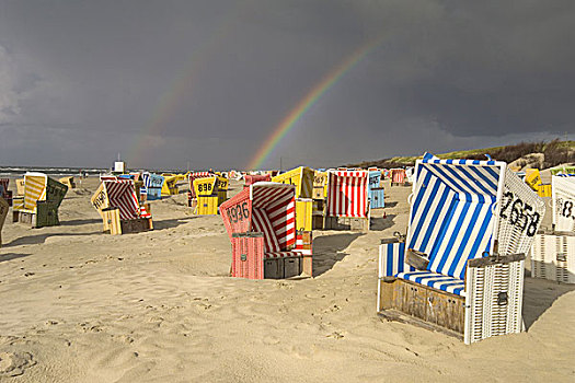 德国,下萨克森,岛屿,海滩,海滩藤椅,彩虹,北海,海洋,目的地,旅游,度假,淡季,无人