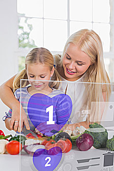 母女,切,蔬菜,紫色,界面