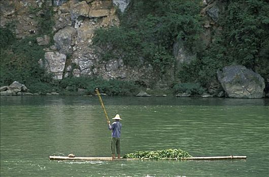 中国,桂林,漓江,漂浮,竹子,筏子,后面
