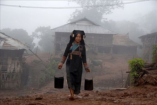 女人,阿卡族,部落,穿,传统服装,两个,桶,水,雾,乡村,禁止,省,老挝,东南亚