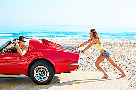 女孩,推,破损,汽车,海滩,有趣,人,乐趣