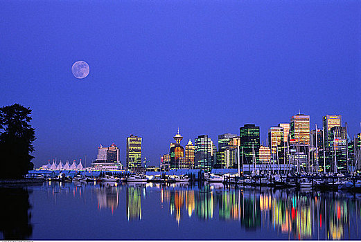 城市天际线,港口,夜晚,温哥华,不列颠哥伦比亚省,加拿大