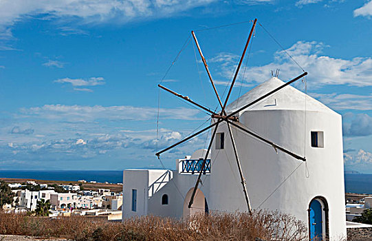 白色,风车,房子,山谷,希腊,希腊群岛