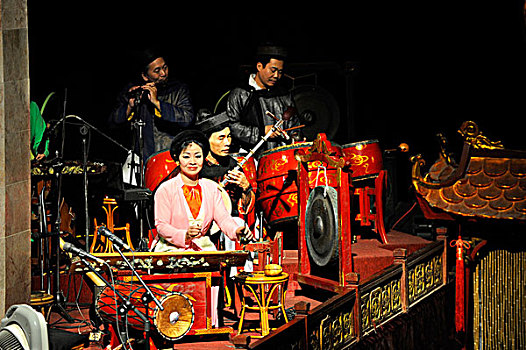 音乐人,长,水,木偶,剧院,河内,北越,越南,东南亚,亚洲