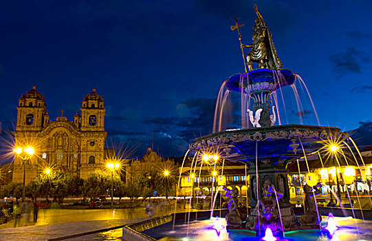 漂亮,彩色,夜晚,展示,喷泉,大广场,中心,库斯科,库斯科市,秘鲁,南美