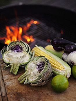 蔬菜,老玉米,柠檬,旁侧,木碳,烧烤