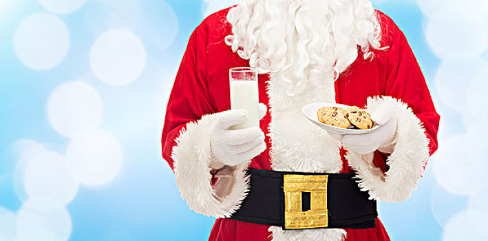 圣诞节,休假,饮料,人,概念,向上,圣诞老人,牛奶杯,饼干,上方,蓝色,背景