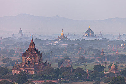 航拍,古老,庙宇,蒲甘,日出,缅甸