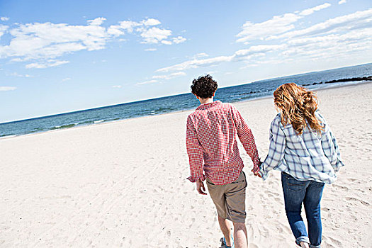 浪漫,情侣,漫步,牵手,海滩