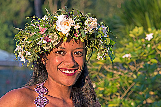美女,花,花环,头像,赖阿特阿岛,法属玻利尼西亚,大洋洲