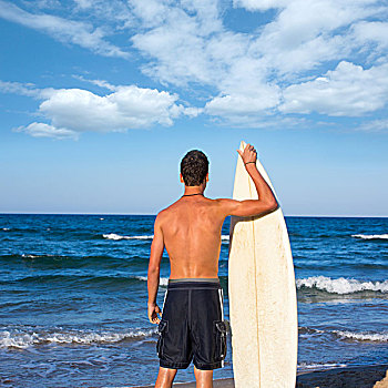 男孩,冲浪,背影,后视图,拿着,冲浪板,蓝色背景,海滩