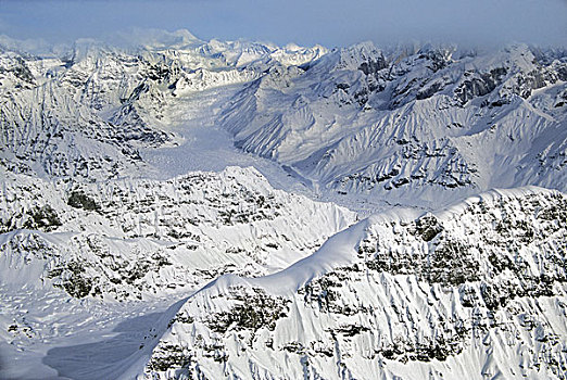 美国,阿拉斯加,德纳里峰国家公园,阿拉斯加山脉,重,春天,暴风雪,山,冰河