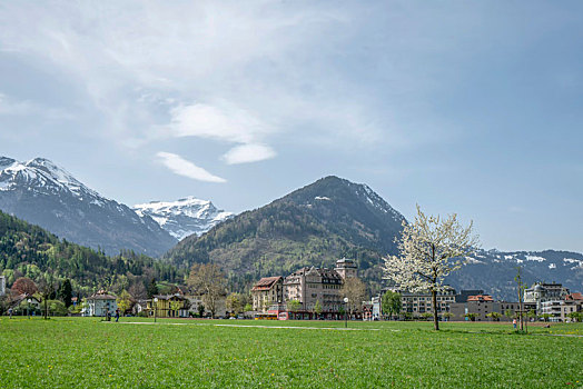 瑞士度假胜地因特拉肯风光美景－雪山草地,蓝天白云
