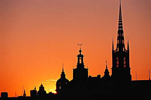 瑞典,斯德哥尔摩,剪影,城市,建筑,日落,大幅,尺寸