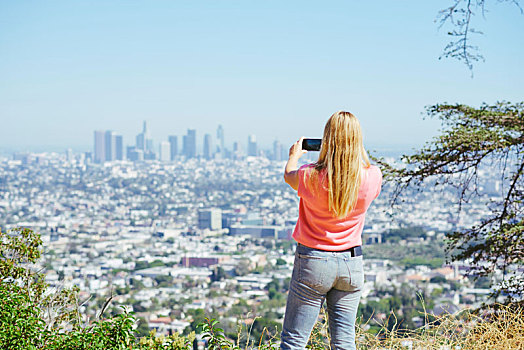 美女,摄影,天际线,山顶,后视图,洛杉矶,加利福尼亚,美国