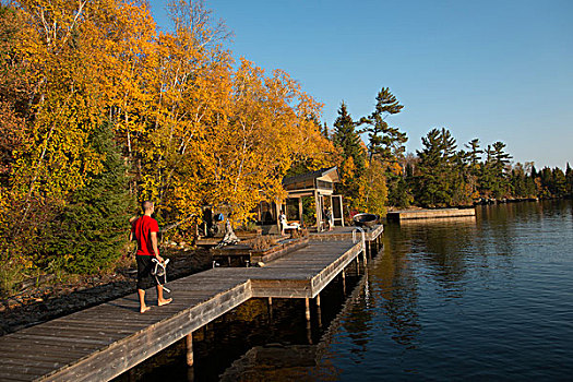 男人,走,木板路,湖,木头,安大略省,加拿大