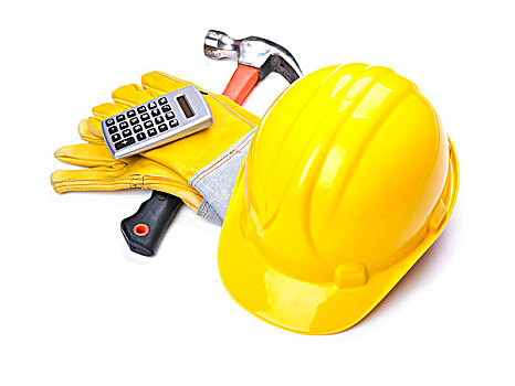 建筑工地,安全帽,锤子,手套,计算器