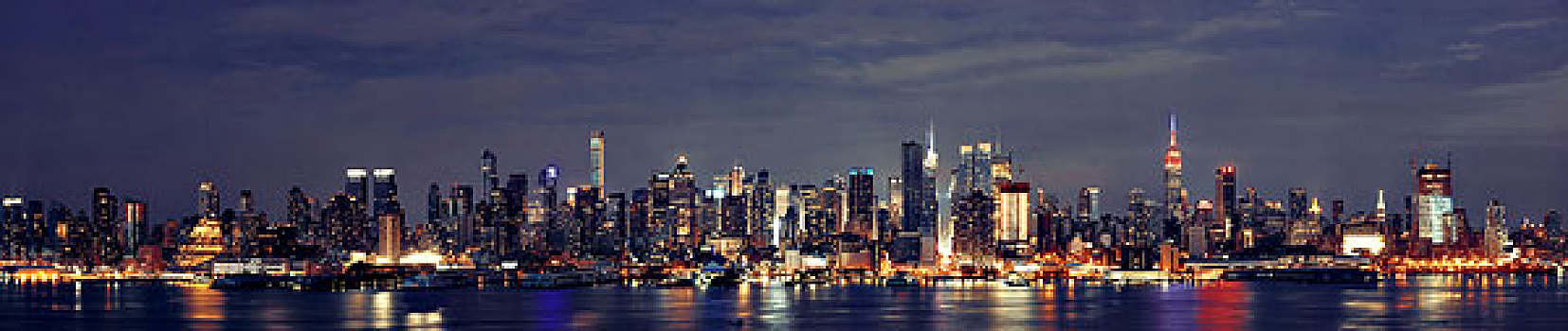 曼哈顿,市中心,摩天大楼,纽约,天际线,夜晚,全景