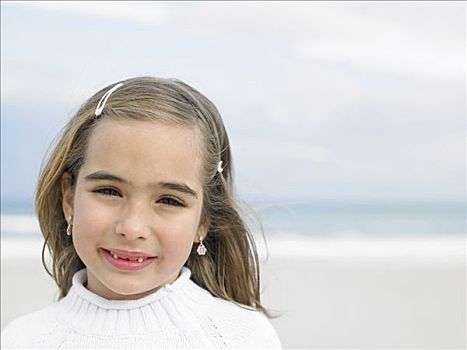 女孩,6-8岁,海滩,微笑,肖像,特写