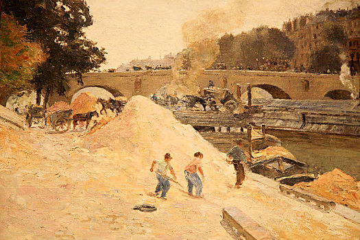 河南博物院展出的法国画家卡米耶,毕沙罗的布面油画作品,巴黎塞纳河畔,安茹码头玛丽桥