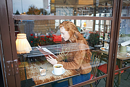 风景,窗户,女人,咖啡馆,读
