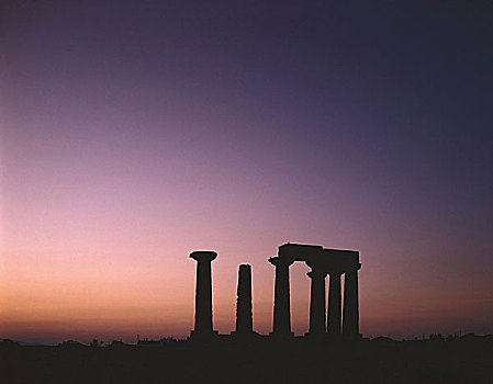 希腊,伯罗奔尼撒,科林斯地峡,阿波罗神庙,庙宇,剪影,晨光