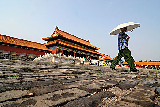 男人,伞,走,上方,鹅卵石,故宫,皇宫,北京,亚洲