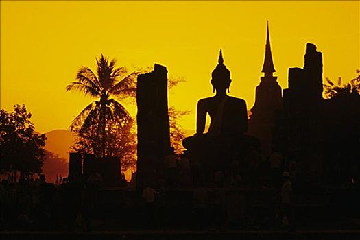 泰国,素可泰,玛哈泰寺,剪影,佛像,庙宇,橙色天空