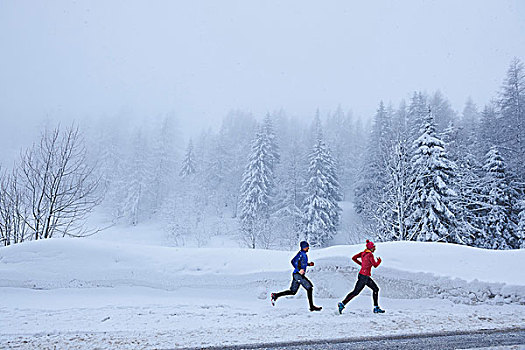 远景,女性,男性,跑步,跑,大雪,瑞士